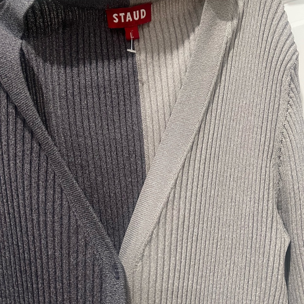 STAUD Two-Tone Gray and Cream Cardigan